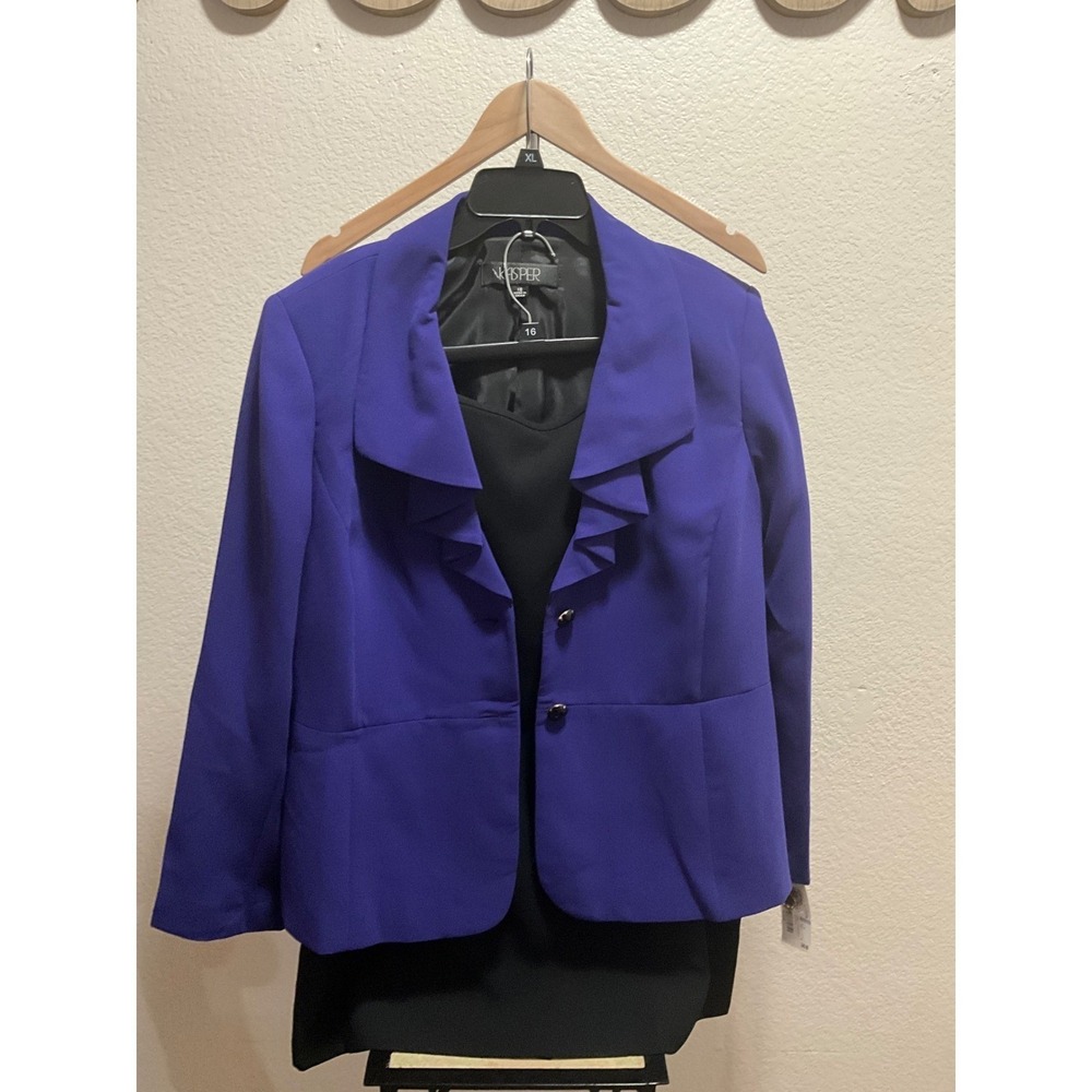 NWT Kasper Women's Two Piece Skirt Suit Royal Blue Blazer‎ Black Skirt Size 18